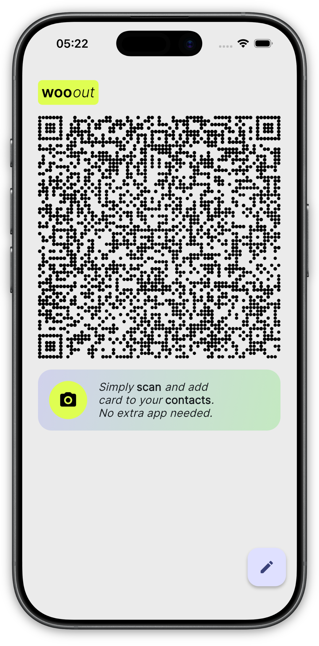 Wooout screen showing a personal QR code